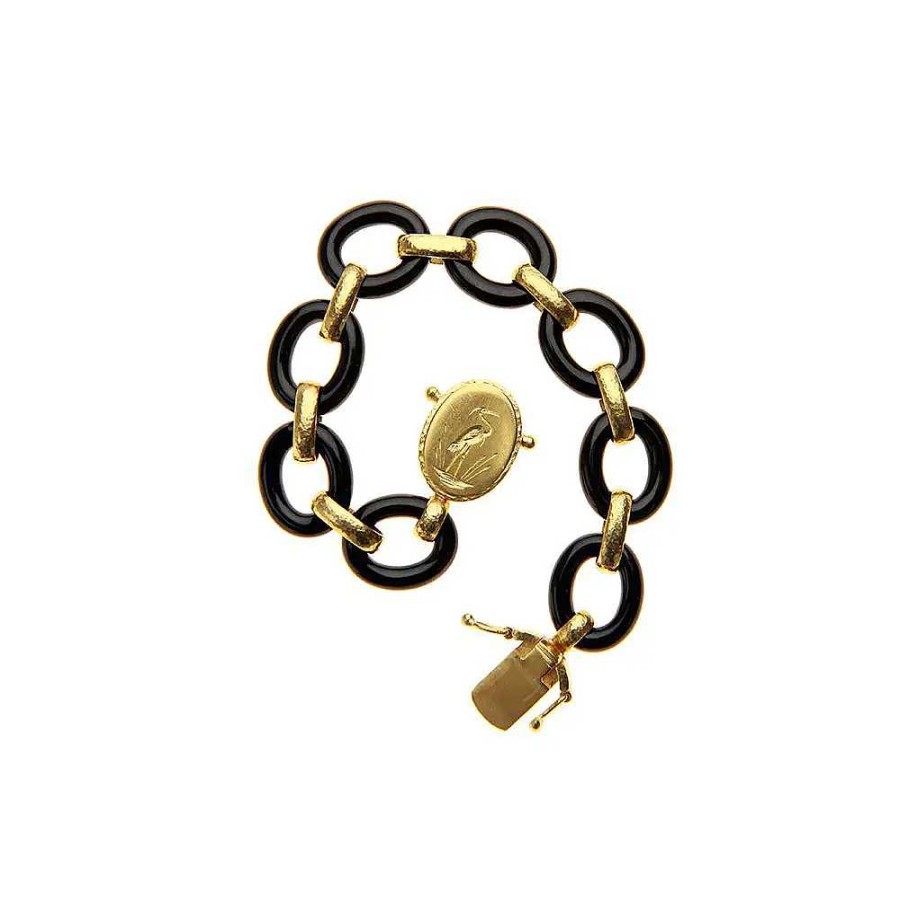 Bracelets & Bangles Elizabeth Locke | Elizabeth Locke Medium Black Jade Link Bracelet With Hammered Gold Crane Clasp