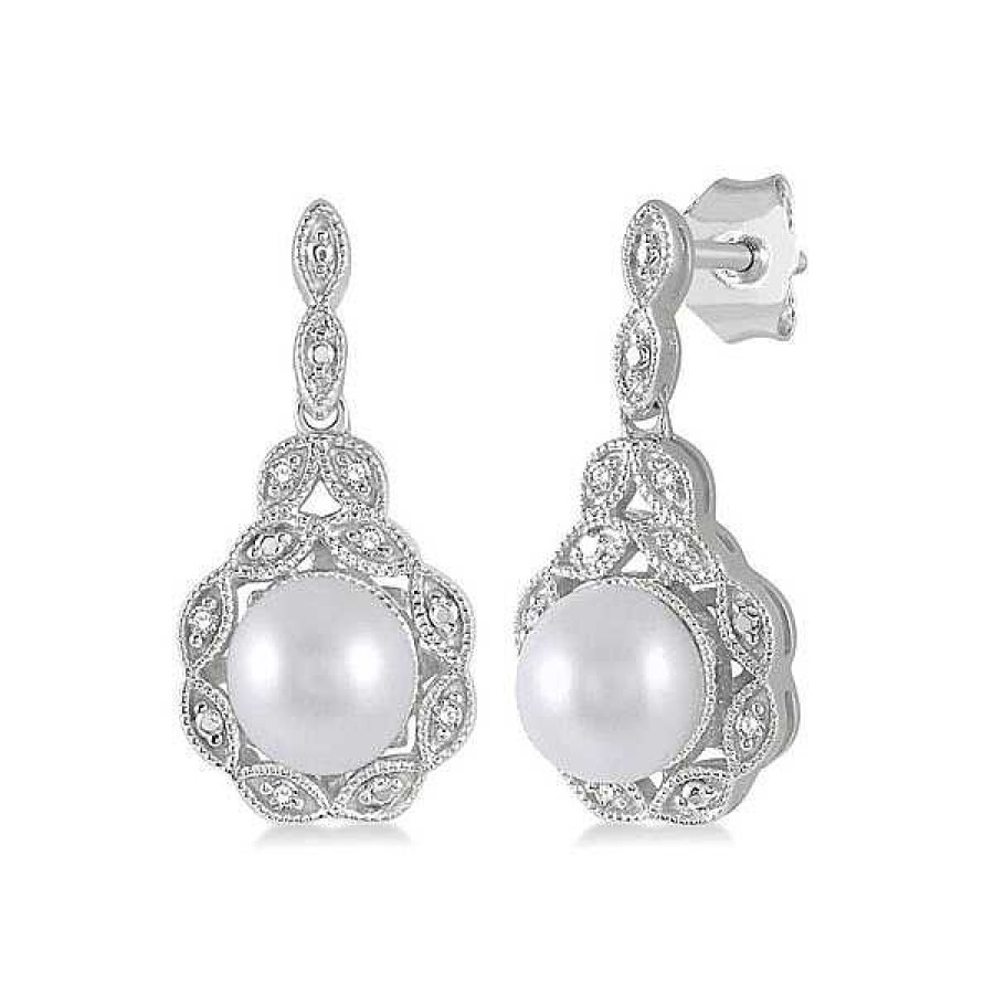 Earrings Bailey's Fine Jewelry | Sterling Silver Pearl And Diamond Antique Style Drop Earrings