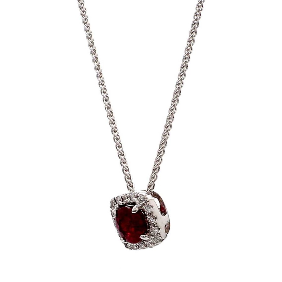 Necklaces & Pendants Bailey's Fine Jewelry | Ruby & Diamond Cushion Pendant Necklace In 14K White Gold