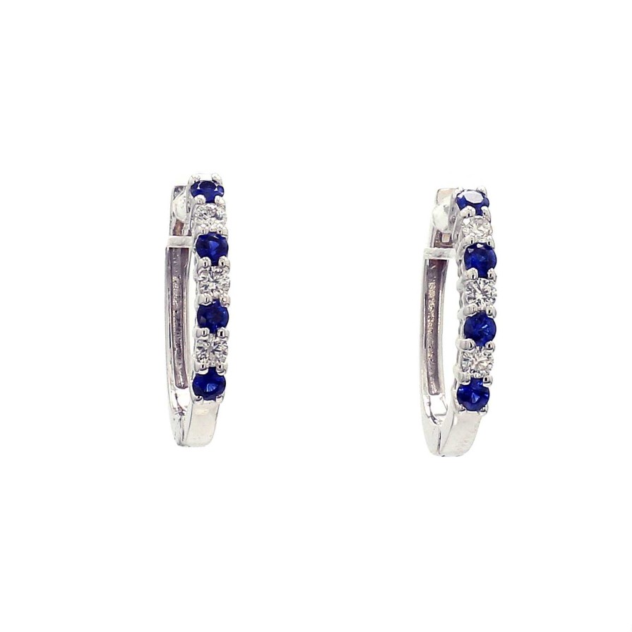 Earrings Bailey's Fine Jewelry | Sapphire & Diamond Huggie Hoop Earrings In 18K White Gold