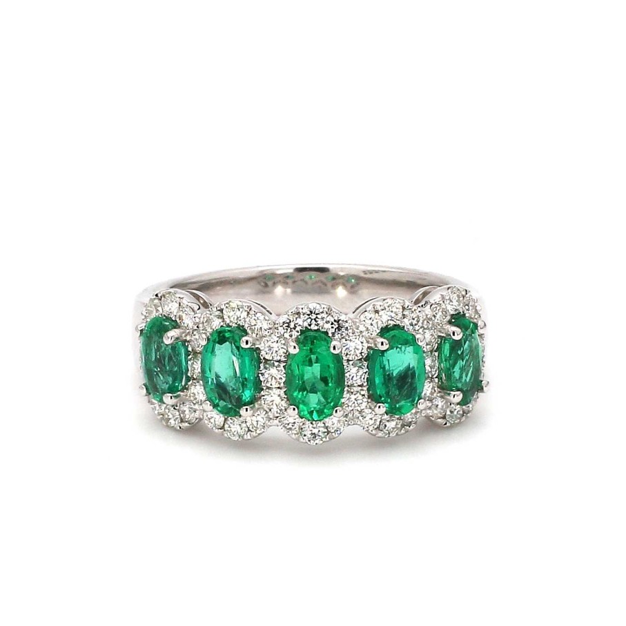 Fashion Rings Bailey's Fine Jewelry | Five Stone Emerald With Diamond Halos Band Ring