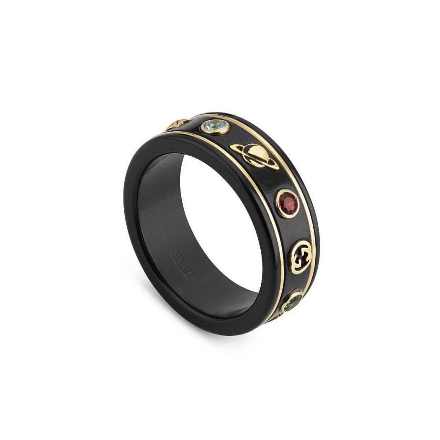 Fashion Rings Gucci | Gucci Icon Gems 18K Gold Black Band Ring