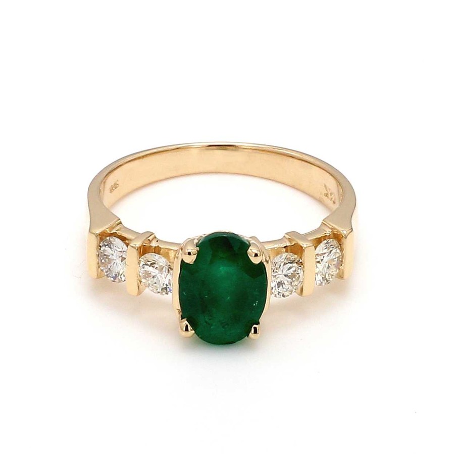 Fashion Rings Bailey's Fine Jewelry | Oval Emerald Ring With Diamond Accents In 14K Yellow Gold