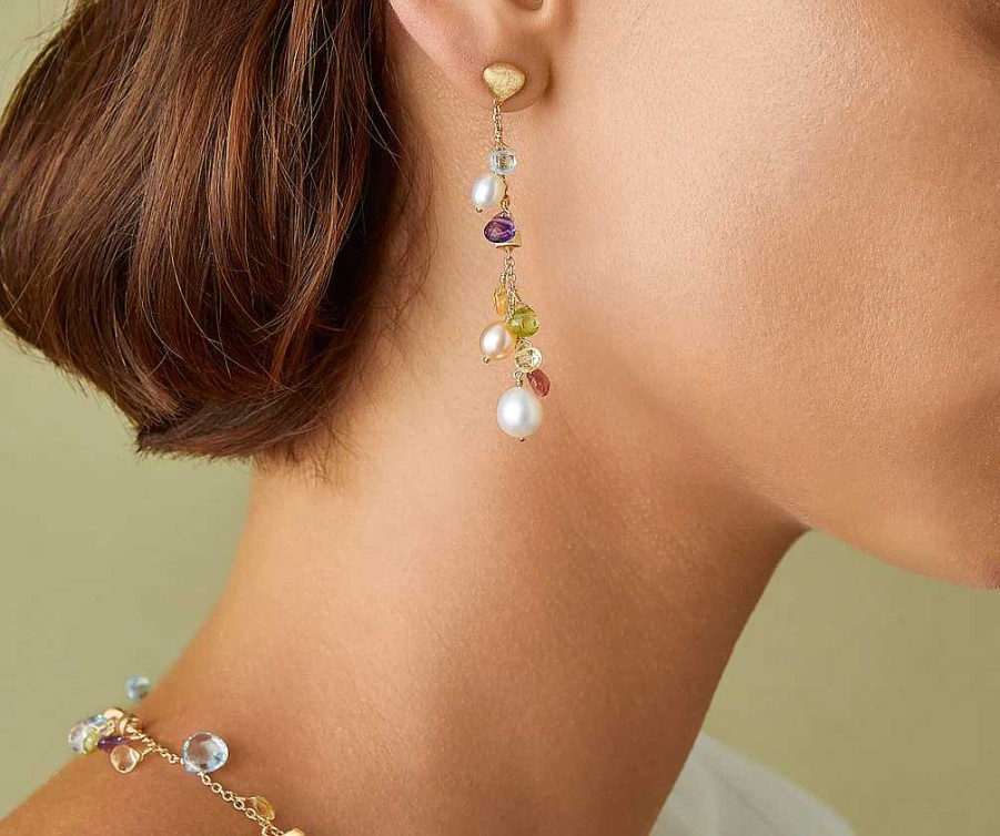 Earrings Marco Bicego | Marco Bicego Paradise 18K Gold Mixed Gemstone And Pearl Long Drop Earrings