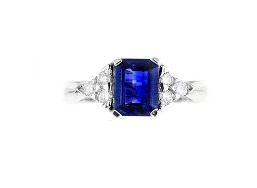 Fashion Rings Bailey's Fine Jewelry | Emerald Cut Sapphire & Diamond Ring In 14K White Gold