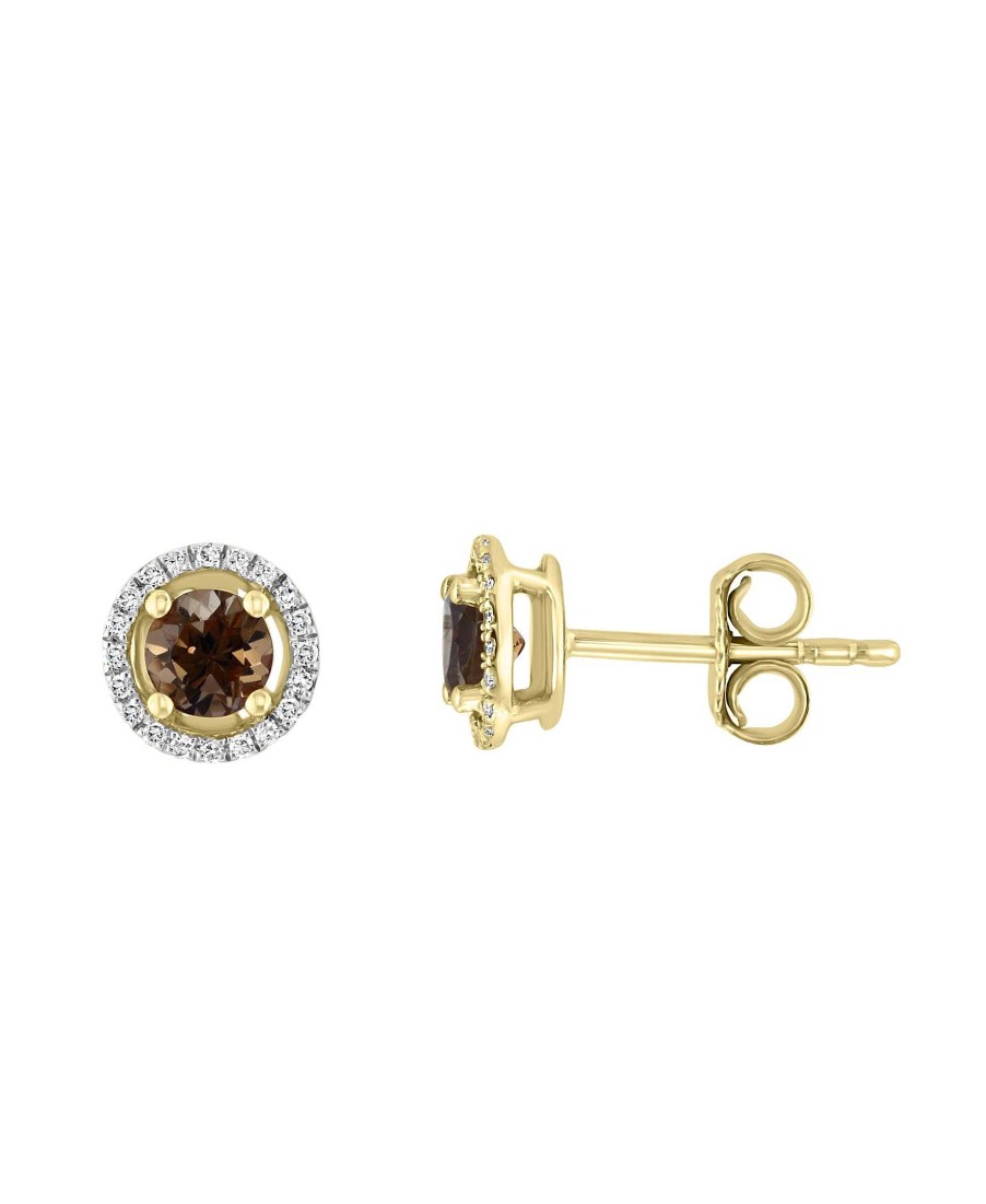 Earrings Bailey's Fine Jewelry | Smoky Quartz & Diamond Halo Stud Earrings In 14K Yellow Gold