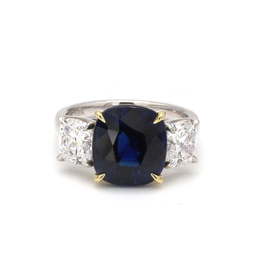 Fashion Rings Bailey's Fine Jewelry | 6.25Ct Cushion Blue Sapphire With Diamond Side Stones