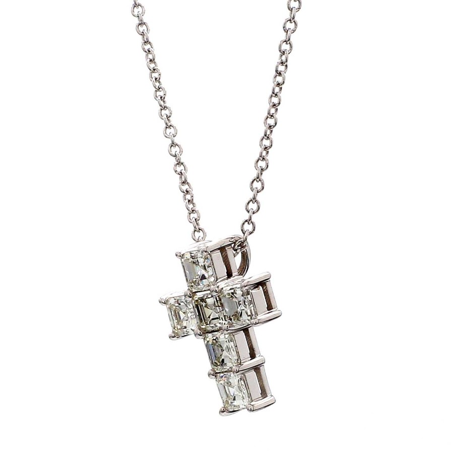 Necklaces & Pendants Bailey's Fine Jewelry | Asscher Cut Diamond Cross Necklace In 18K White Gold