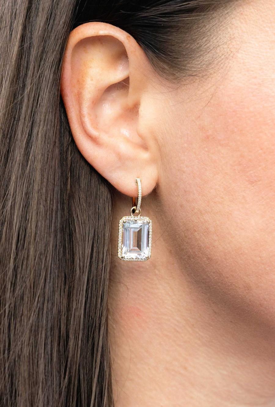 Earrings Bailey's Fine Jewelry | Diamond With White Topaz Charm Drop Huggie Hoop Earrings