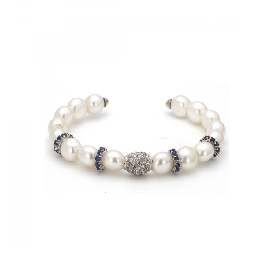 Bracelets & Bangles Bailey's Fine Jewelry | Pearl Cuff Bracelet With Diamond And Sapphire Stations