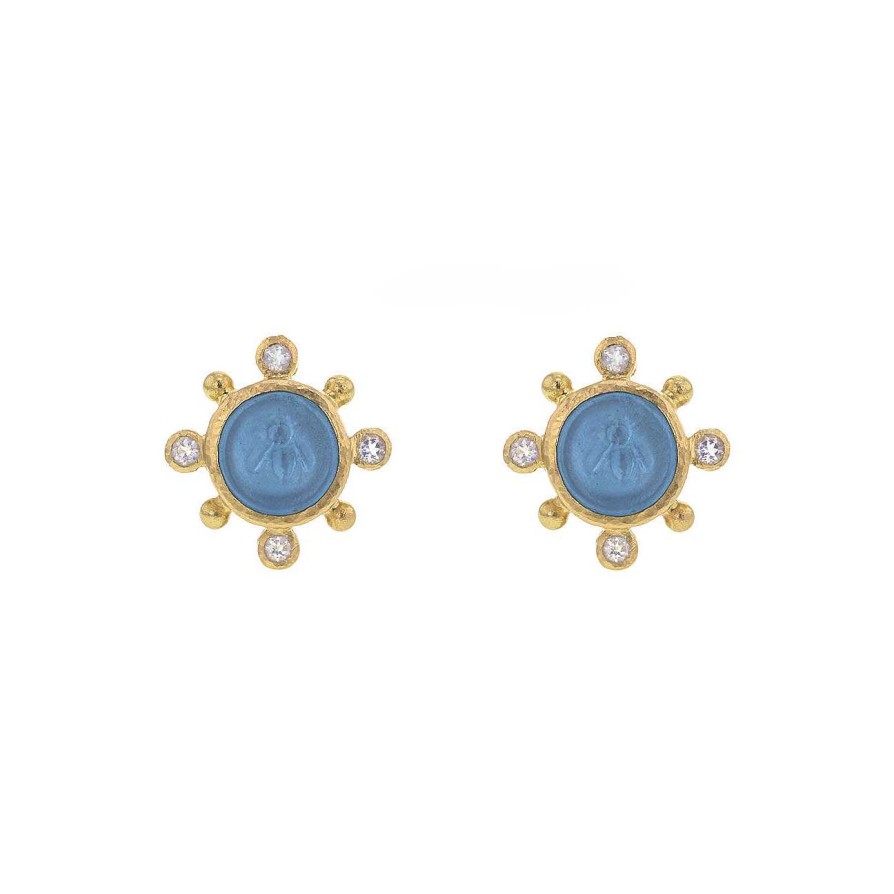 Earrings Elizabeth Locke | Elizabeth Locke Swimming Pool Blue Venetian Glass Intaglio 'Tiny Bee' Round Stud Earrings