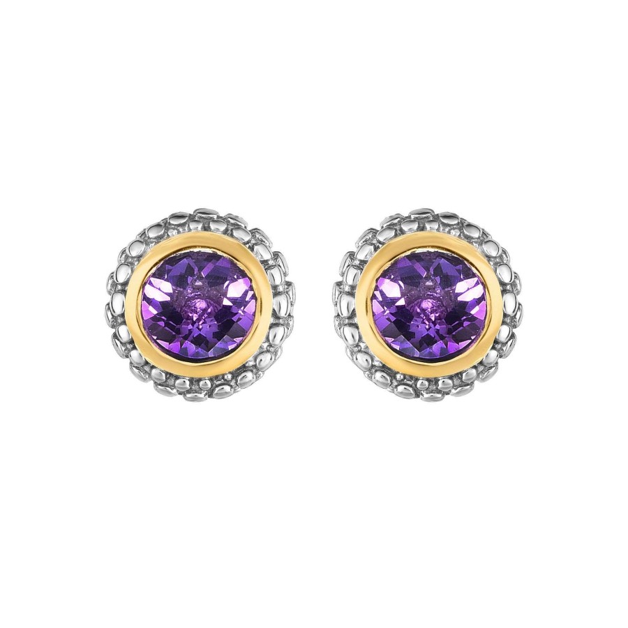 Earrings Bailey's Fine Jewelry | Sterling Silver Amethyst Stud Earrings With 18K Yellow Gold Accents