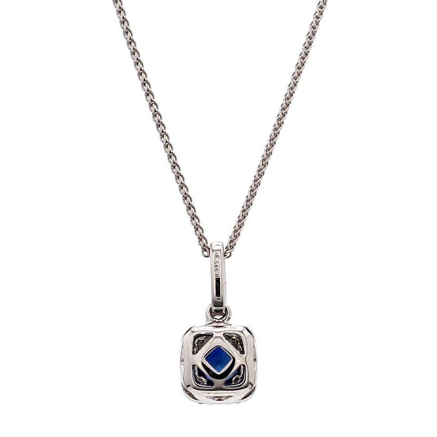 Necklaces & Pendants Bailey's Fine Jewelry | Sapphire & Diamond Halo Cushion Pendant Necklace In 14K White Gold