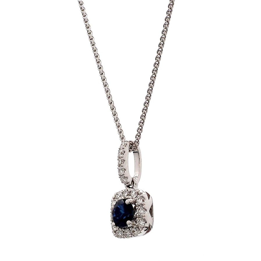 Necklaces & Pendants Bailey's Fine Jewelry | Sapphire & Diamond Halo Cushion Pendant Necklace In 14K White Gold