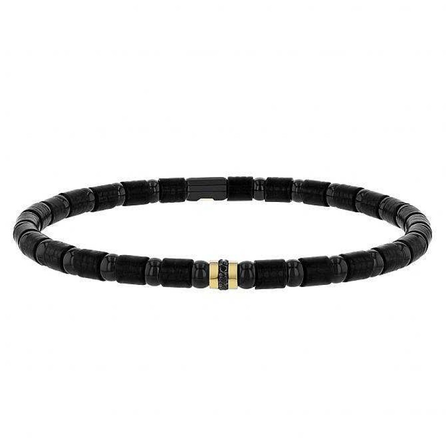 Bracelets & Bangles Roberto Demeglio | Black Ceramic Stretch Bracelet With Black Diamonds & Yellow Gold