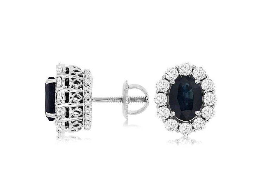 Earrings Bailey's Fine Jewelry | Midnight Sapphire & Diamond Halo Stud Earrings In 14K White Gold