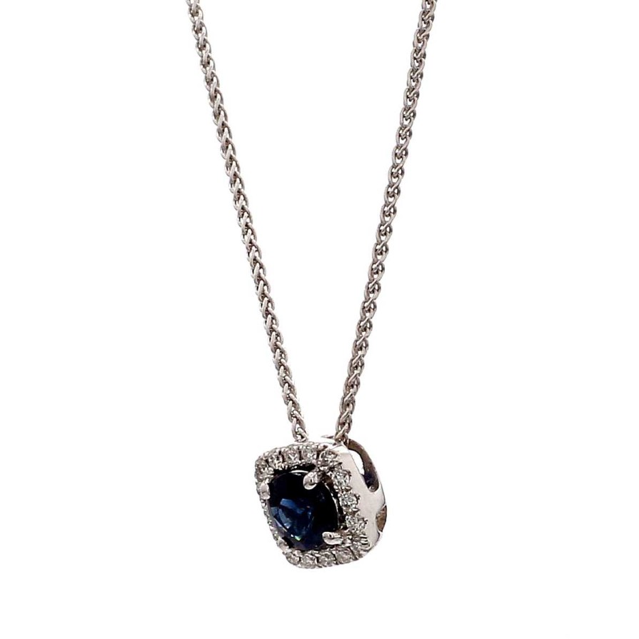 Necklaces & Pendants Bailey's Fine Jewelry | Sapphire & Diamond Halo Cushion Pendant Necklace In 14K White Gold