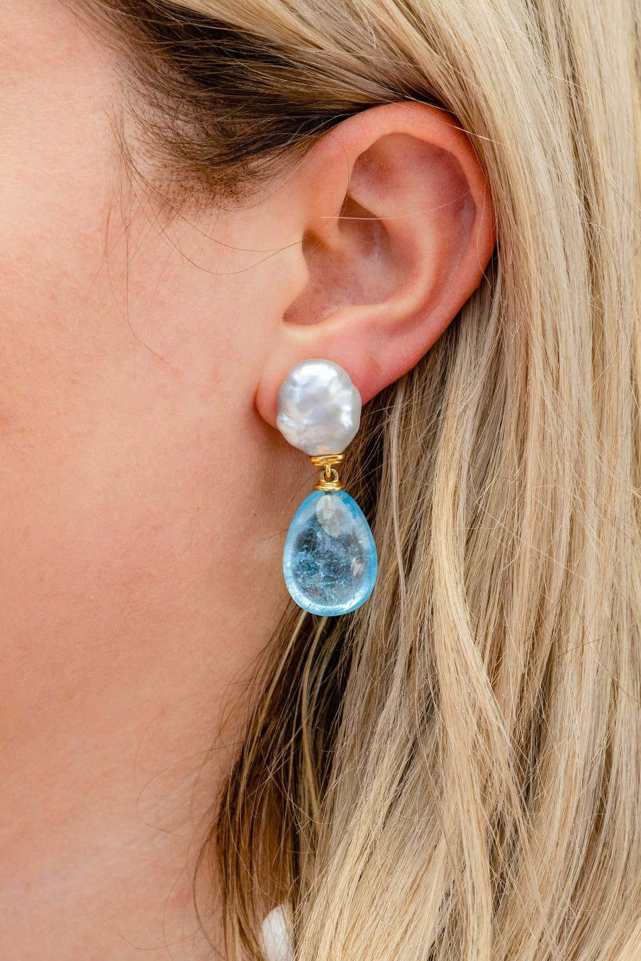 Earrings Seaman Schepps | Seaman Schepps Baroque Pearl And Blue Topaz Drop Earrings