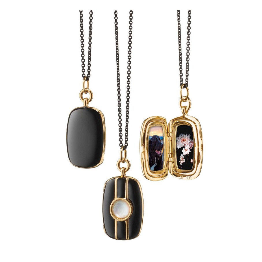 Lockets Monica Rich | Monica Rich Kosann Vermeil Black Enamel Rectangle Locket With Mother Of Pearl Accent