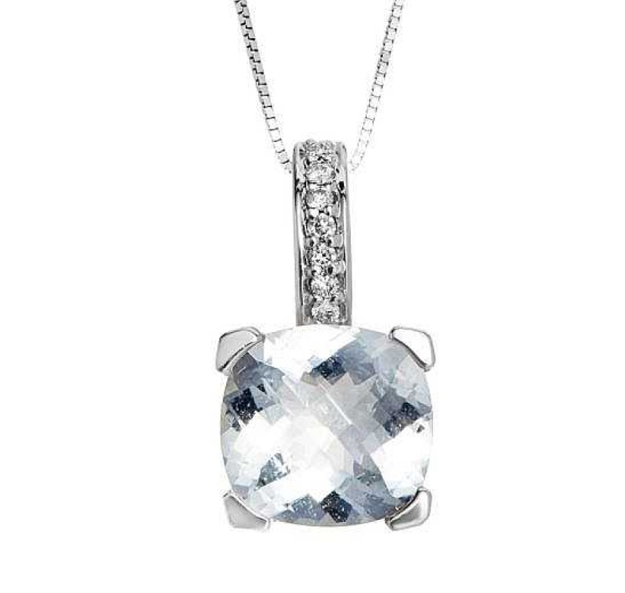 Necklaces & Pendants Bailey's Fine Jewelry | Aquamarine & Diamond Cushion Pendant Necklace In 14K White Gold