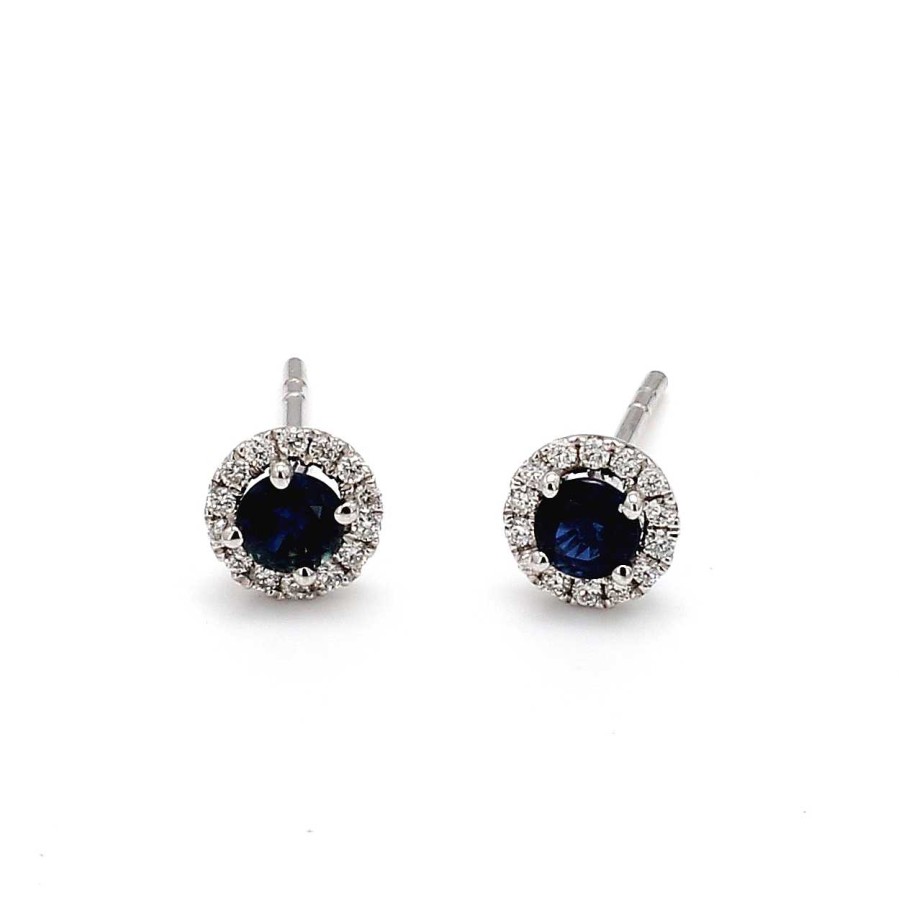 Earrings Bailey's Fine Jewelry | Blue Sapphire & Diamond Stud Earrings In 14K White Gold