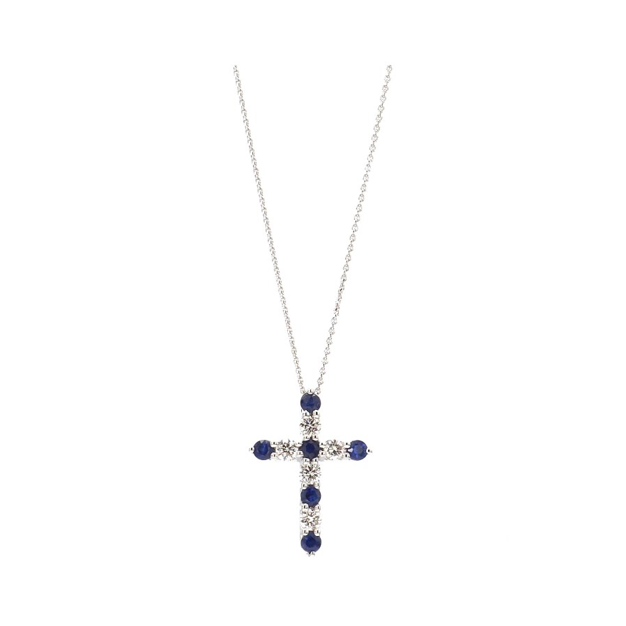 Necklaces & Pendants Bailey's Fine Jewelry | Alternating Diamond And Sapphire Cross Pendant Necklace