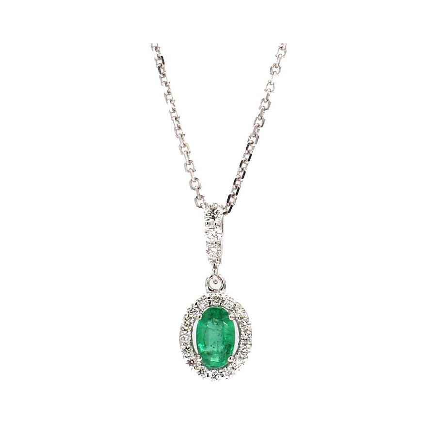 Necklaces & Pendants Bailey's Fine Jewelry | Oval Emerald With Diamond Halo Pendant Necklace