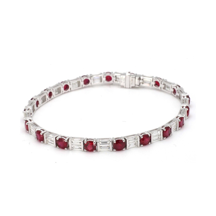 Bracelets & Bangles Bailey's Fine Jewelry | Alternating Baguette Cut Diamond And Round Ruby Line Bracelet