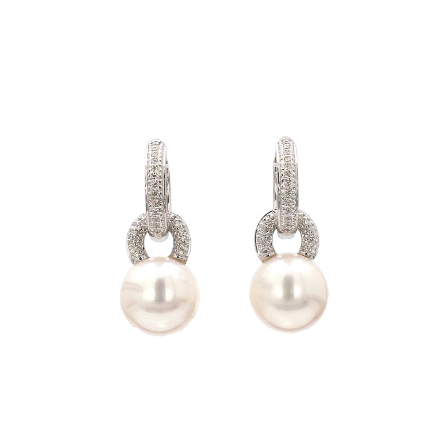 Earrings Bailey's Fine Jewelry | Diamond Huggie Hoop And Bale With Single Pearl Drop Earrings