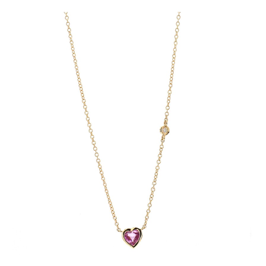 Necklaces & Pendants Bailey's Fine Jewelry | Heart Shaped Bezel Pink Sapphire Necklace With Single Diamond On Chain