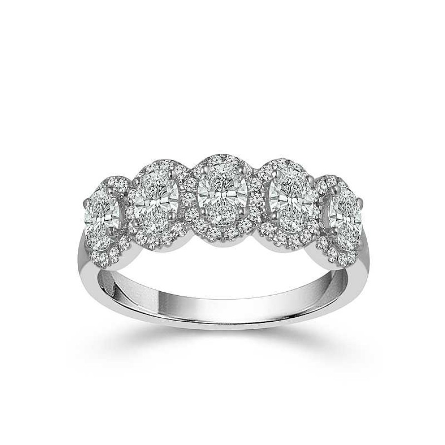 Fashion Rings Bailey's Fine Jewelry | Five Stone Oval Diamond Halo Ring In 14K White Gold