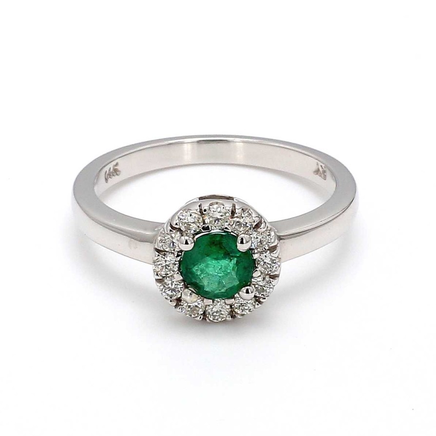 Fashion Rings Bailey's Fine Jewelry | Round Emerald & Diamond Halo Ring In 14K White Gold