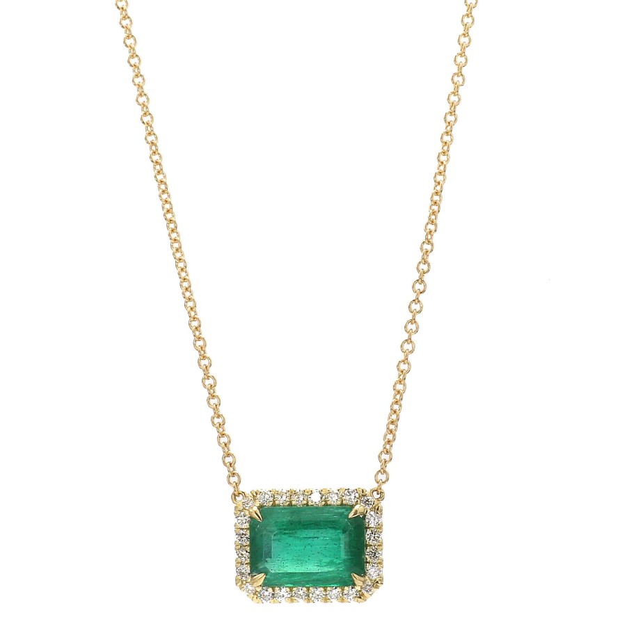 Necklaces & Pendants Bailey's Fine Jewelry | Emerald Set East-West With Diamond Halo Necklace