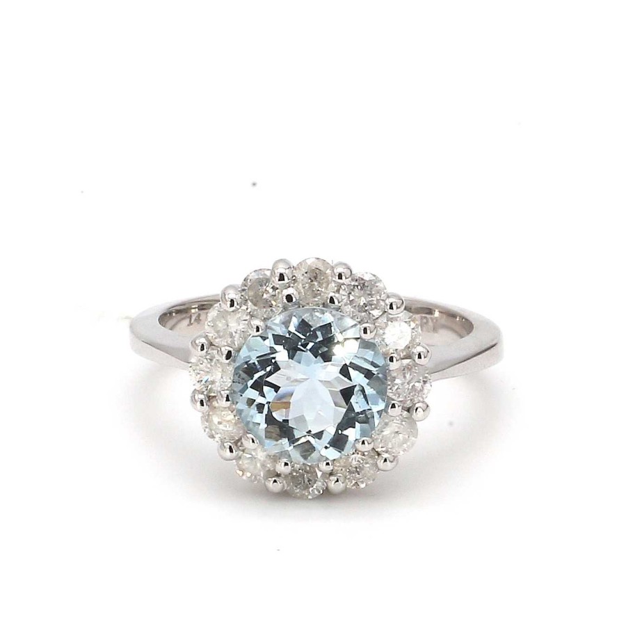 Fashion Rings Bailey's Fine Jewelry | Round Aquamarine Gemstone With Diamond Halo Ring