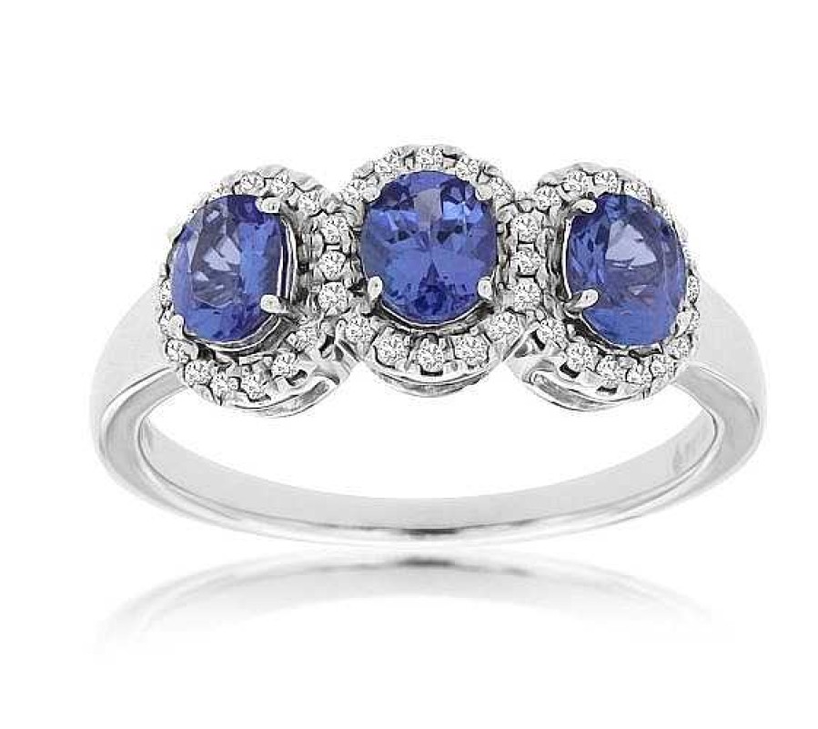 Fashion Rings Bailey's Fine Jewelry | Diamond Halo & Tanzanite Three Stone Ring In 14K White Gold