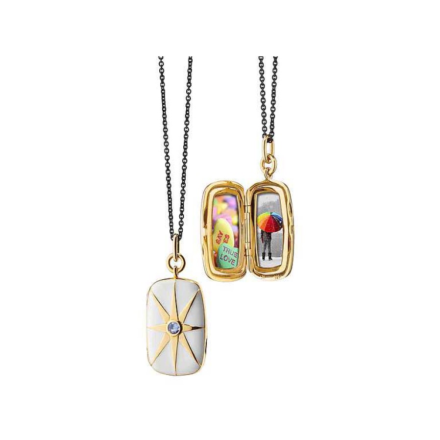 Necklaces & Pendants Monica Rich | Monica Rich Kosann White Enamel Vermeil Rectangle Locket With Blue Sapphire