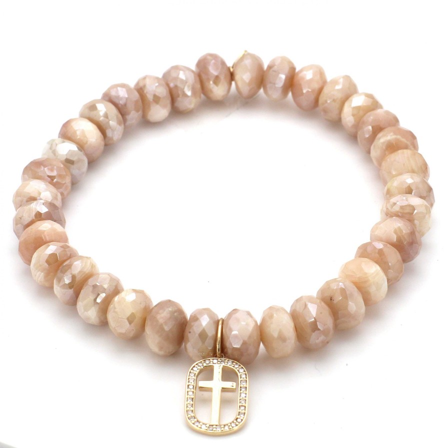 Bracelets & Bangles Sydney Evan | Sydney Evan Open Cross Icon Sand Moonstone Stretch Bracelet