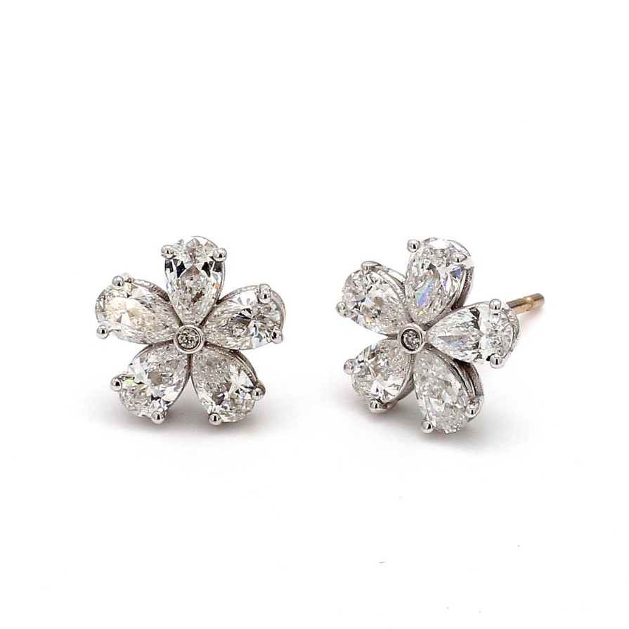 Earrings Bailey's Fine Jewelry | Pear Shaped Diamond Flower Stud Earrings In 18K White Gold