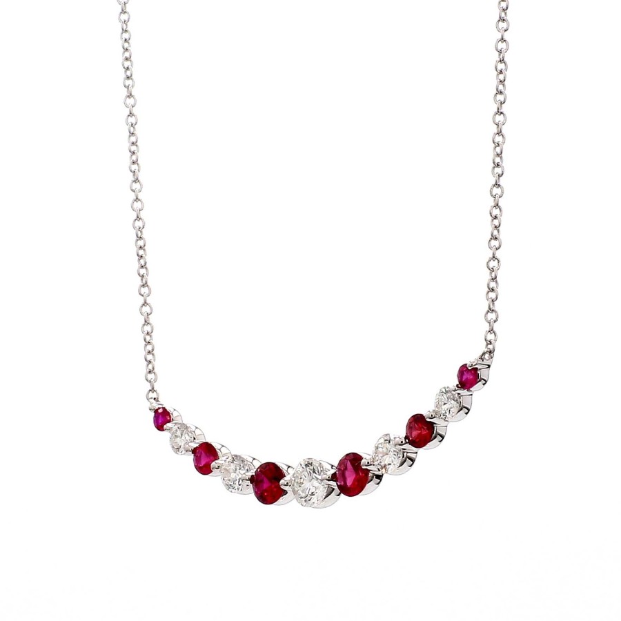 Necklaces & Pendants Bailey's Fine Jewelry | Ruby & Diamond Graduated Curve Pendant Necklace In 18K White Gold