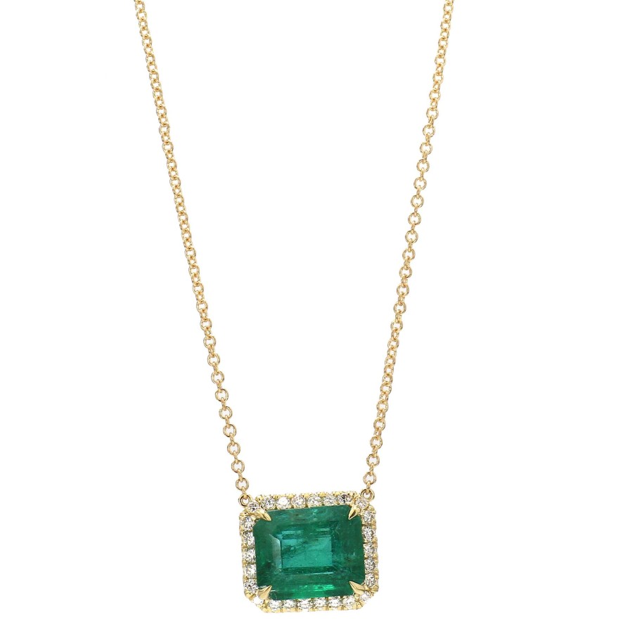 Necklaces & Pendants Bailey's Fine Jewelry | Emerald Set East-West With Diamond Halo Necklace