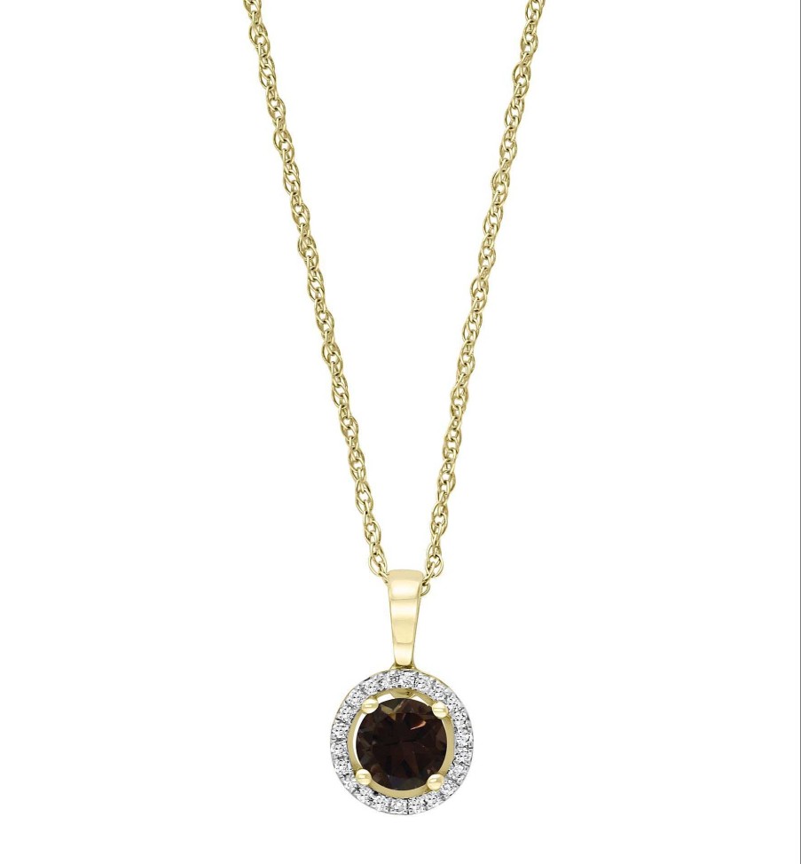 Necklaces & Pendants Bailey's Fine Jewelry | Smoky Quartz & Diamond Halo Pendant Necklace In 14K Yellow Gold