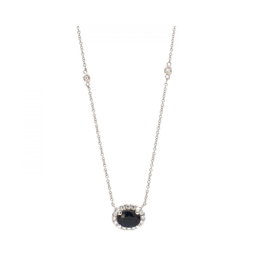 Necklaces & Pendants Bailey's Fine Jewelry | East West Set Oval Sapphire With Diamond Halo Necklace