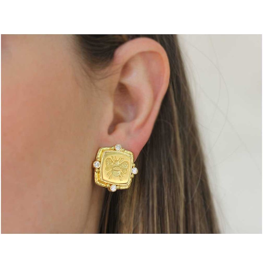 Earrings Elizabeth Locke | Elizabeth Locke Gold Cushion Bee Stud Earrings With Diamonds