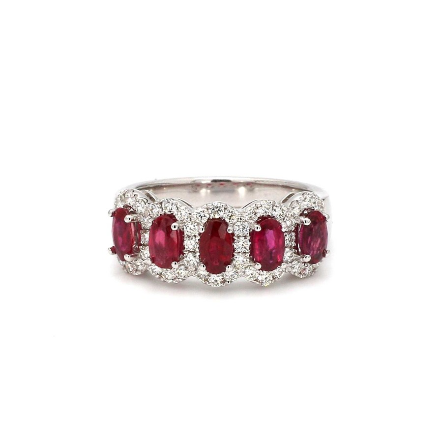 Fashion Rings Bailey's Fine Jewelry | White Gold Five Stone Ruby Ring With Diamonds