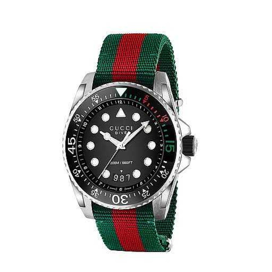 Watches Gucci | Gucci Dive Black 45Mm Green And Red Web Nylon Watch