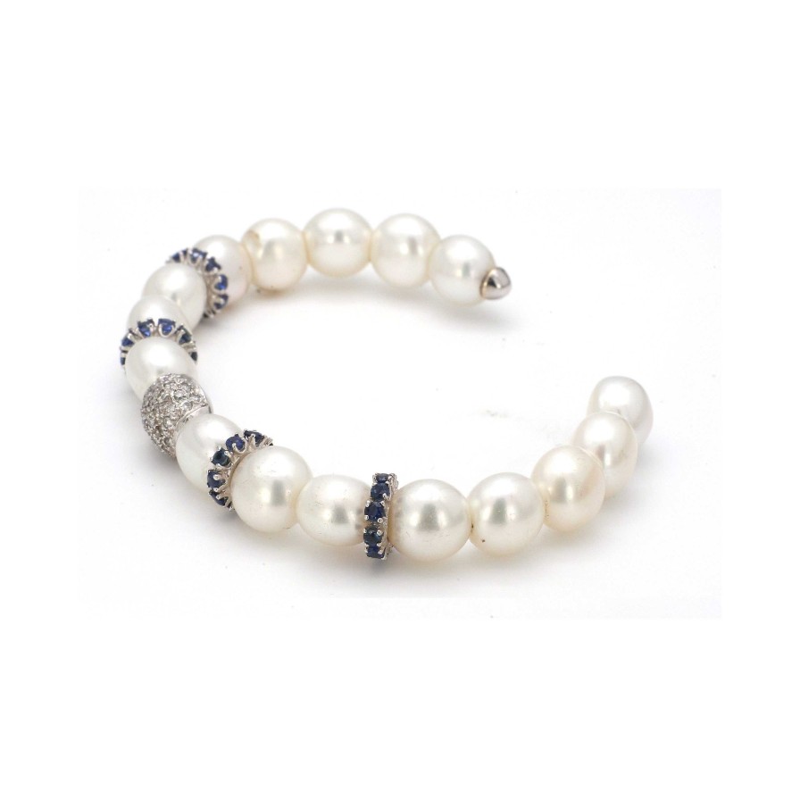 Bracelets & Bangles Bailey's Fine Jewelry | Pearl Cuff Bracelet With Diamond And Sapphire Stations