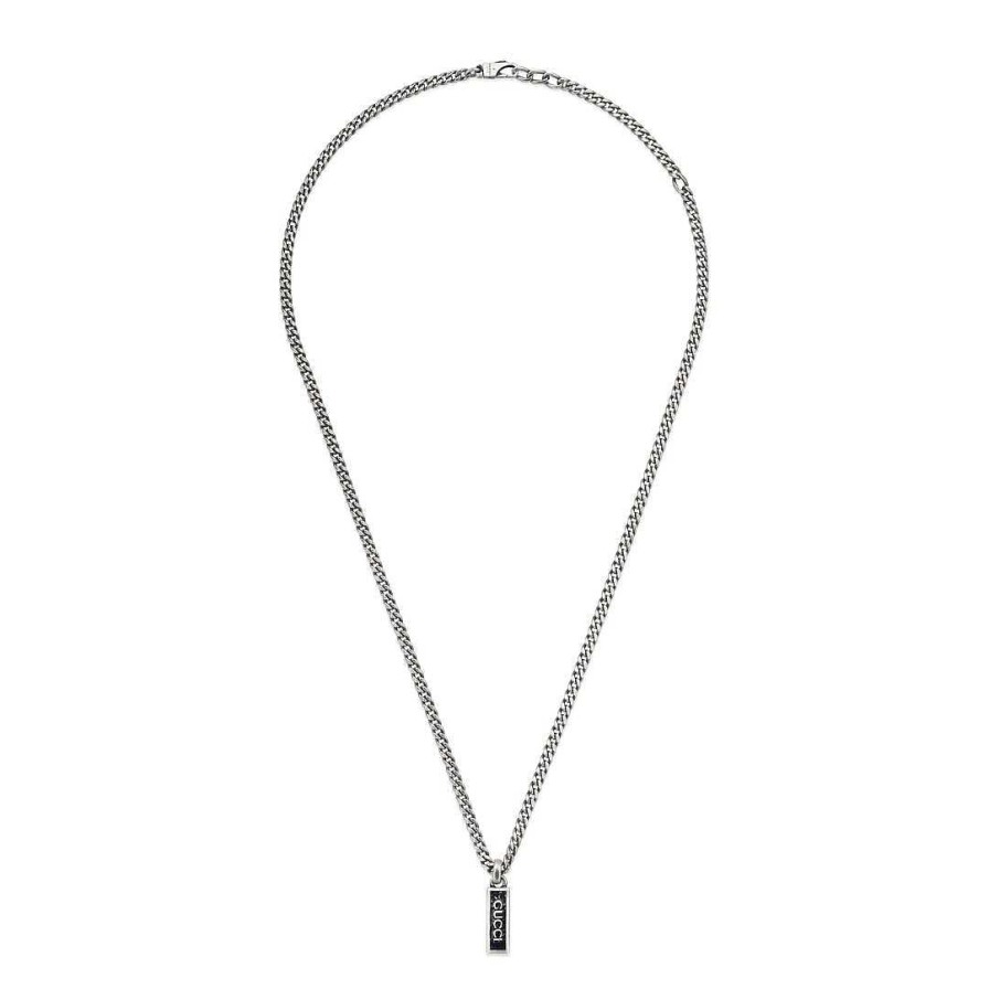 Necklaces & Pendants Gucci | Gucci Tag Black Enamel Script Pendant Silver Necklace