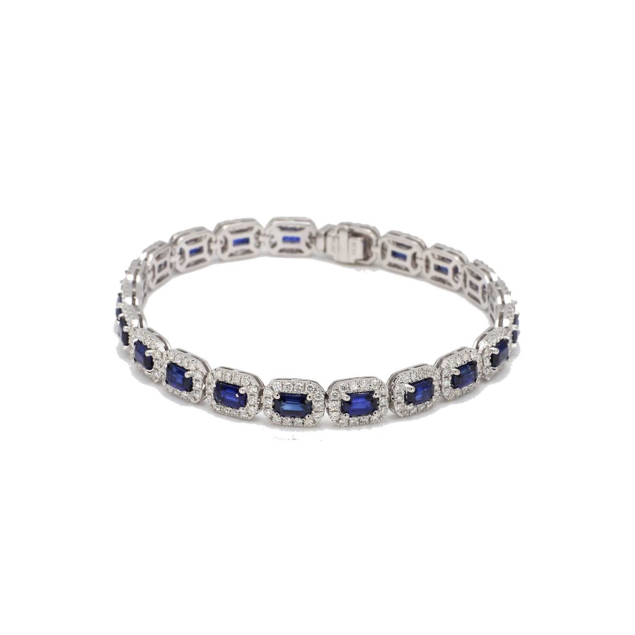 Bracelets & Bangles Bailey's Fine Jewelry | Emerald Cut Sapphire And Diamond Halo Line Bracelet