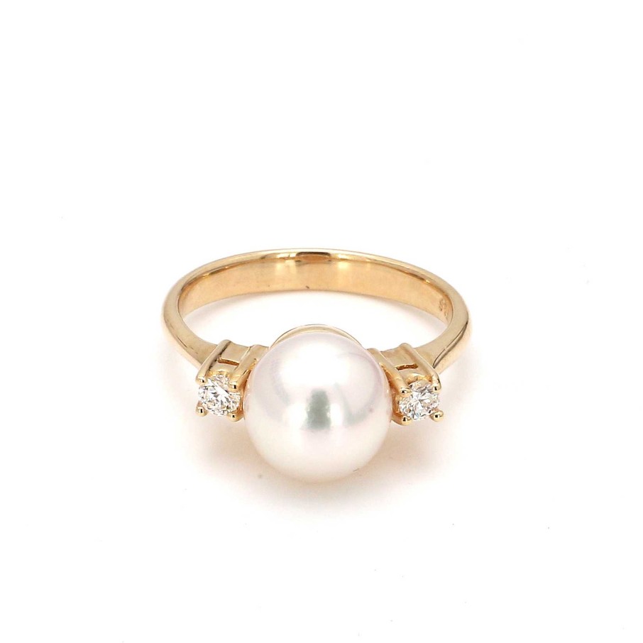 Fashion Rings Bailey's Fine Jewelry | Yellow Gold Single Pearl With Two Diamonds Ring