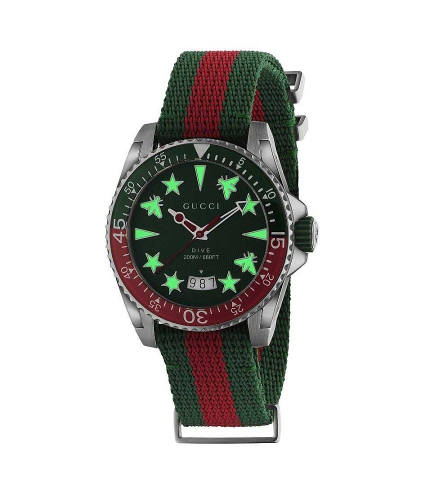 Watches Gucci | Gucci Dive 40Mm Green And Red Icon Web Nylon Watch